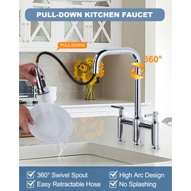 Bridge Faucet for Kitchen Sink Chrome: 3 Hole Solid Brass Farmhouse Kitchen Faucet with Pull Down Sprayer, 2 Handle 8 Inch Centerset High Arched Faucet with 360° Swivel Spout
