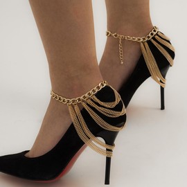YUEKISEN 1 Pair Gold Layered Tassel Ankle Chains for Women Boho High Heel Anklet Shoes Chain for Nightclubs Party Foot Shoes Chain (Gold)