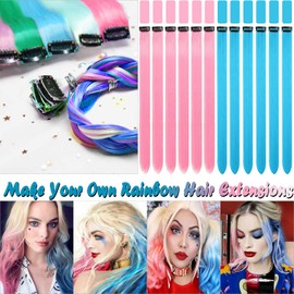 Olldag 12 PCS Clip in Pink and Lake Blue Hair Extensions, 20 Inch Colorful Hair Accessories, Synthetic Straight Hairpiece for Kids Girls Women (Pink and Lake Blue)