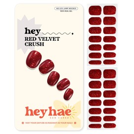 Heyhae Tiras de gel semicurado para uñas | No requiere lámpara LED | Otoño, rojo, glitter | Fácil de aplicar y retirar, acabado de salón | Kit completo - Hey, Red Velvet Crush