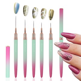 WOKOTO 5 Pcs Nail Art Liner Brushes Green Pink Gradient Painting Nail Art Brush Set Nail Dotting Tool For Long Lines Thin Details Fine Drawing Sizes 5/8/12/15/20mm Liner Brushes With Metal Penholder