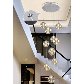 10 Linght Long Chandeliers for High Ceilings,Modern Glass Ball Pendant Light,Raindrop Drop Lamp,Hanging Flush Mount Lighting Fixtures for Spiral Staircase,Foyer,Entryway,Living Room