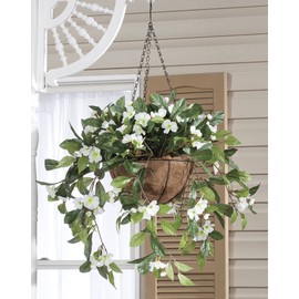 OakRidge Fully Assembled Impatiens Hanging Basket – Large Artificial Flower Outdoor or Indoor Decoration with Hook - White