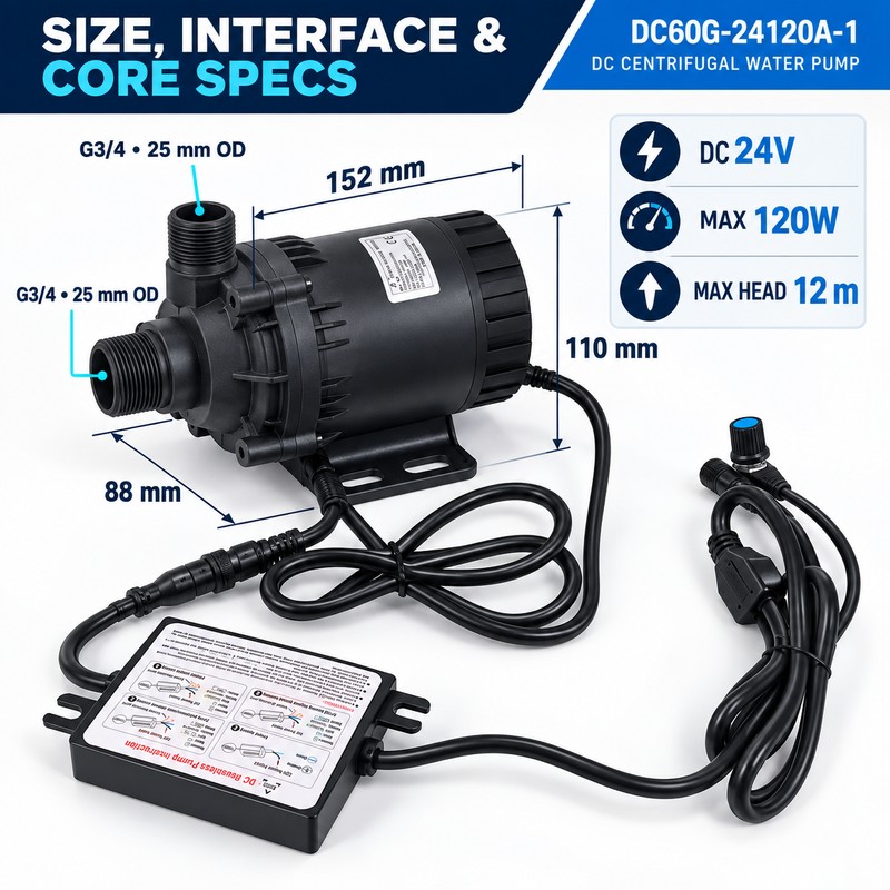 DC60G-24120A-1 24V Brushless Water Pump, 120W Adjustable 3800 LPH Flow,