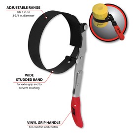 Performance Tool W54123 Oil Filter Wrench, Swivel Handle, Studded Steel Band, 3 in. to 3 3/4 in. (76mm to 95.25mm) Diameter, Black/Red