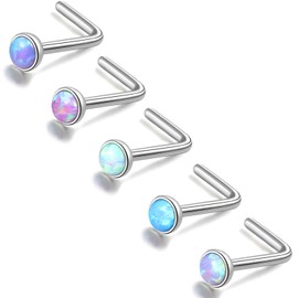 ZS 5 Pieces Blue Opal Nose Studs 20 Gauge Nose Pin L-Shape Nose Piercing Stud Stainless Steel Nose Stud Retainer