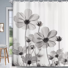 MERCHR Unique Floral Grey Shower Curtain for Bathroom Decor, White and Gray Daisy Flower Elegant Wildflower Design Farmhouse Shower Curtains with Hooks Set, 71 X 78 Inches