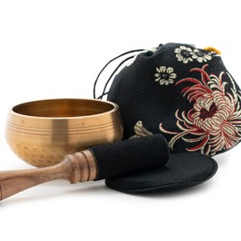 Cast Singing Bowl Set in Hammered Antique Look for Nursery, Yoga, Suitable for Attention, Includes Wood/Leather Striker and Black Base Packed in Bag -5053