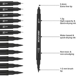 Mogyann Drawing Pens, 12 Pack Dual Brush Pens Black Markers for Art Drawing Sketching