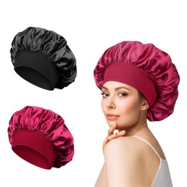 Senshuomy Silk Hair Bonnet,Satin Bonnet, Silk Hair Bonnet, Hair Bonnet Silk Hair Wrap for Sleeping, Night Sleep Cap for Women(2 Pack/Black&Red)