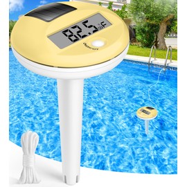 FirstE 2025 Solar Digital Pool Thermometer with Rope | Big Number LCD Display Floating Pool Thermometer for Easy Read | High Precision, IP68 Waterproof | Pools Water Temperature Gauge for Spa Yellow