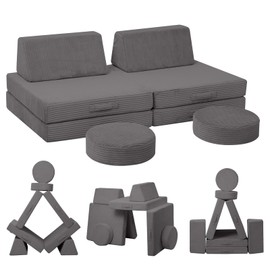 MeMoreCool Kids Couch for Playroom, Corduroy Convertible Toddler Couch, 8 Piece Modular Play Sofa, Foam Fort Building Set for Child Room Furniture, Dark Grey