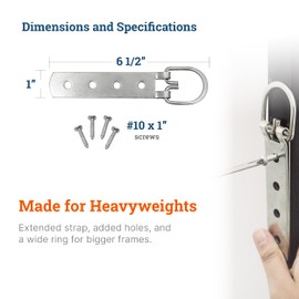 PHS Extra Large Heavy Duty D-Ring Picture Hangers - 2 Pack with Screws - D Hooks for Picture Hanging - 200 lb Capacity - 6.5" Steel Strap Hangers for Frames & Mirrors