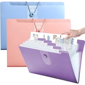 3 Pack A4 Expanding File Organiser, 12 Compartment Large Capacity Document Folder, Accordion Document Organizer with Label Paper, Snap Closure, for Office, Business, School