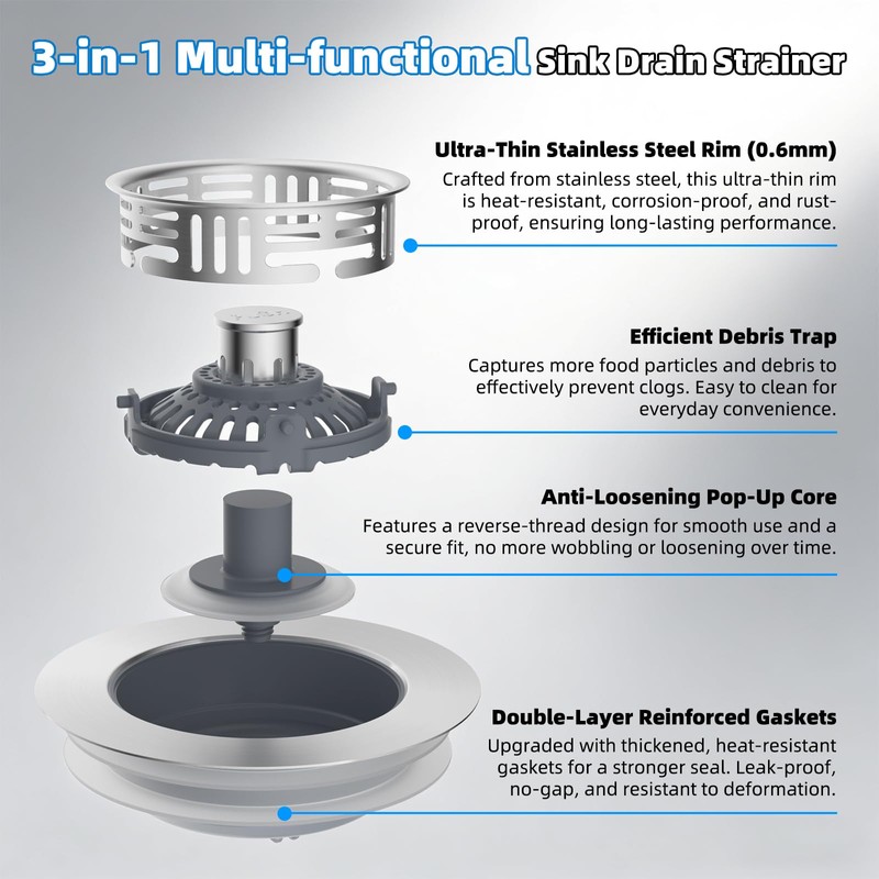Hibbent Upgraded 3 in 1 Kitchen Sink Drain Strainer, Stainless