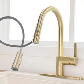 FROPO Gold Kitchen Faucet with Pull Down Sprayer - Modern Single Handle Pull Down Kitchen Sink Faucet with Deck Plate | Commercial Kitchen Faucet for 1 & 3 Hole Stainless Steel Brushed Gold