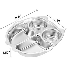 Noamus 3 Pack Stainless Steel Divided Plates, 4 Sections 304 Dinner Platter, Diet Portion Control Tray, 9 Inch Owl Shape Meal Plate for Adult Children Picky Eaters, Camping Dish Lunch Snack