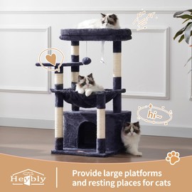 Heybly Cat Tree, Kitten Tower with Large Soft Cat Basket, Cat Condo with Spacious Cat Bed Cave with Hidden Space, Sisal-Covered Scratching Posts, Dangling Ball for Indoor Cats, Smoky Gray HCT008SG