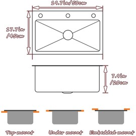 Stainless Steel Drop In Kitchen Sink w/ 3 Holes Drop-in Topmount Single Bowl Sinks Basin With Drain basket & Soap dispenser (19.7 * 17.7 * 7.9in)