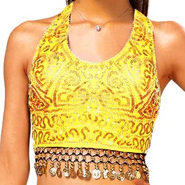 GRAEEN Belly Dance Sequin Crop Top Coin Tassel Rave Carnival Costume Bra Tops for Women, A3-yellow, One Size