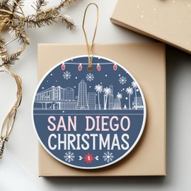San Diego Christmas Round Ceramic Ornament 3 inches Featuring Skyline, Coronado Bridge, USS Midway, Snowflakes and Holiday Lights