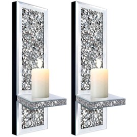 Set of 2 Crystal Crush Diamond Candle Sconces, Gorgeous Silver Mirrored Wall Sconce, Candle Holder Glass Wall Decorations for Home Décor, Living Room, Dining Room.
