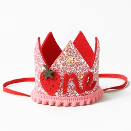 Pink 1st Birthday Hat for Baby Girls, Glitter Strawberry Birthday Crown, Berry First Birthday Party Headband, Sweet One Birthday Fruit Headwear for 1st Theme Party Decorations Photo Props (3.3'')
