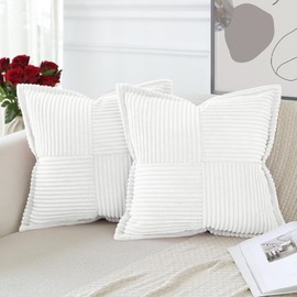 Artscope Corduroy Cushion Covers Pack of 2 Modern Patchwork Throw Pillow Covers Soft Pillowcase Broadside Decorative Textured Cushions for Home decor Sofa Bedroom Couch White 45x45cm