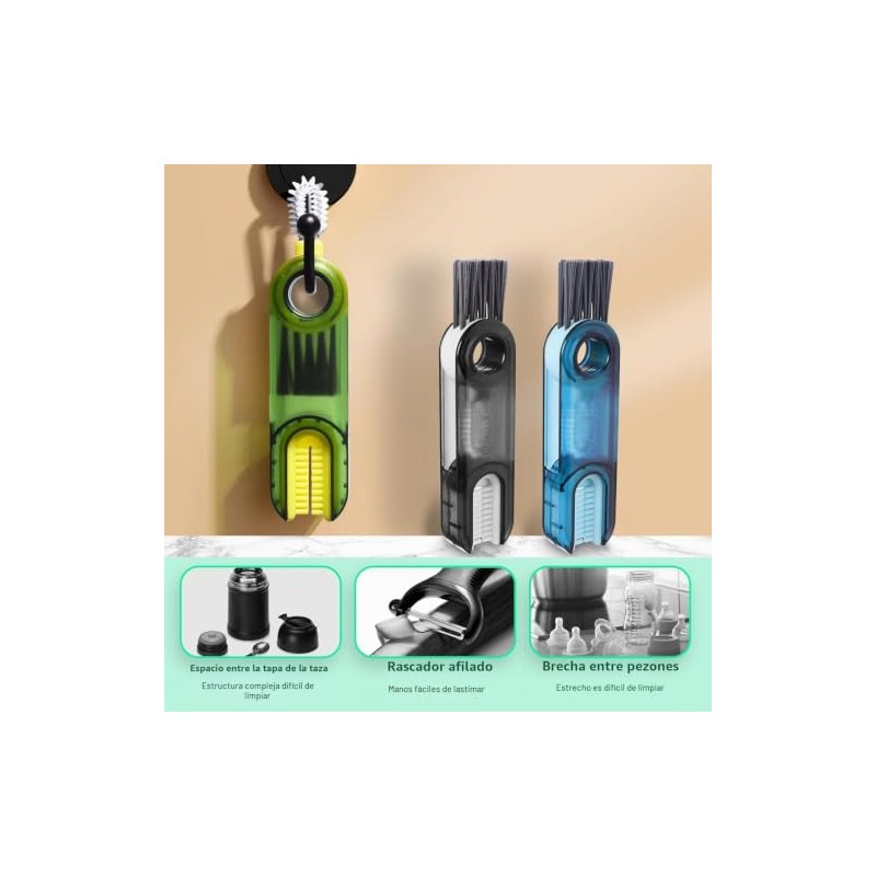 3PCS Cepillo para Botellas,Cepillo Limpiador Tazas Multifuncional 3 en 1,Cepillo