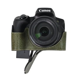 SX70 HS Case, BMAOLLONGB Handmade PU Leather Half Camera Case Bag Cover Bottom Opening Version for Canon PowerShot SX70 HS with Neck Strap (Green)