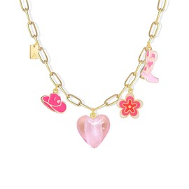 BUBGDYFO Western Cowgirl Initial Charm Necklace for Women, Gold Paperclip Chain with Heart, Boot, Hat, and Letter Pendants, Gold Plated, No Gemstone