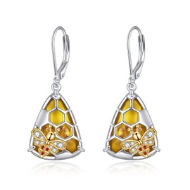 Bee Amber Earrings Silver 925 Honeycomb with Bee Leverback Earrings Hanging Bee Amber Jewellery Gifts for Women Girls Mother Bee Lovers, Sterling Silver