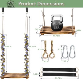 2025 Upgraded Wooden Swing Seat, 18"x 8", Hanging Tree Swing for Adults & Kids, 440lbs Load, Adjustable Nylon Rope & Tree Straps, Indoor/Outdoor Swings with Purple Floral Garland