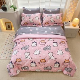 Gusuhome 7 Piece Girls Cats Comforter Set Twin Size Bed in A Bag Pink Cute Cartoon Pet Cat Bedding Set for Kids Boys Teens (1 Comforter, 1 Flat Sheet, 1 Fitted Sheet, 4 Pillow Sham) Gray