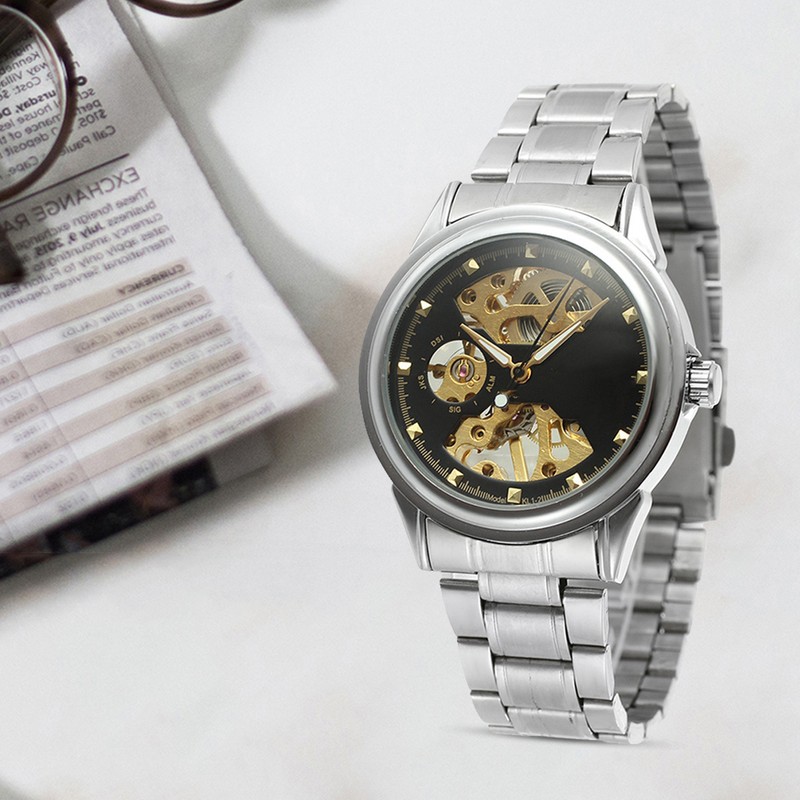 WINNER Men Hollow Mechanical Waterproof Watch Wristwatch (Black Dial Silver