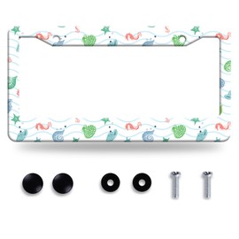 Seashell Sketch White and Blue Wave License Plate Frame License Plate Stainless Steel Auto Parts Funny License Plate Decorative with Screws Size 12.3" x 6.3"