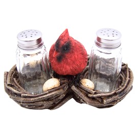 Cardinal and Nest Salt and Pepper Set Holder, Rustic Decor, Shakers Included, 6 Inches