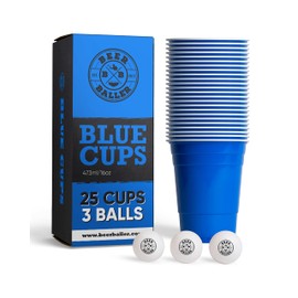 Blue Cups - 25 Blue Party Cups & 3 Balls | Dishwasher Safe & Reusable | 473ml - 16oz Party Cups | Blue Party Cups | Original American Red Cups