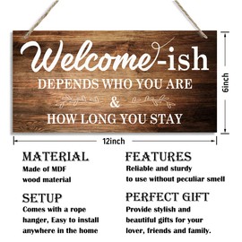 Inspirational Wood Signs, Decorative Wood Hanging Wood Plaque, Rustic Door Sign, Wall Decor Art, Home Front Door Decor, Welcome Hanging Decorations, Welcome-ish Depends Who You Are How Long You Stay A
