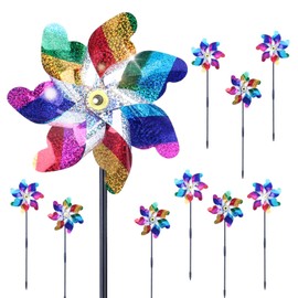 BATTIFE 10 Pack Sparkly Rainbow Pinwheels, Reflective Wind Spinner for Yard and Garden with Stakes, Decor Windmill to Scare Birds Away for Lawn and Patio
