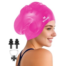 VIRSIDI Swim Cap for Long Hair, Silicone Swimming Cap for Adult Women Men with 3D Ear Protection, Waterproof Large Swim Hats Bathing Caps to Keep Hair Dry with Ear Plugs Nose Clip (Rose red)