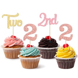 24 piezas de adornos para cupcakes de segundo cumpleaños con purpurina para segundo cumpleaños, dos púas para baby shower, segundo cumpleaños, aniversario, fiesta, decoración de pasteles, suministros de oro, rosa, oro rosa