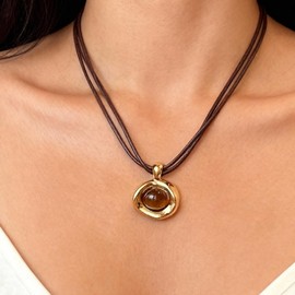 Zurlcdye Tigers Eye Necklace for Women Gold Stone Pendant Double Leather Chunky Vintage Statement Trendy Big Brown Necklaces Birthday Christmas Gifts Jewelry Gifts