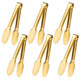 6 Pack Gold Metal Tongs for Serving Food, Stainless Steel Kitchen Tongs, Salad Tongs,Buffet Tongs for Wedding Party Banquet Gathering (6, Gold, 7inch)