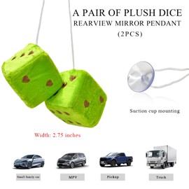 Gasedin 1 Pair Fuzzy Plush Dice for Car Mirror, 3'' Retro Square Dice with Heart-Shape, Plush Retro Dice Hanging Ornament, Universal Interior Hanging Dice Decor for Men Women (Green)