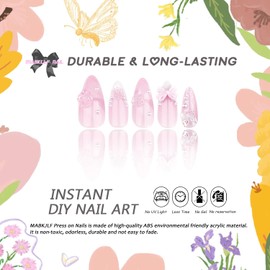 Cute Press on Nails Medium Almond MABKJLF White French Tip Pink Fake Nails False Nails with Designs Rose Butterfly Bow Charm Pearls Glossy Glue on Nails Acrylic Nails for Women Girls 24 Pcs