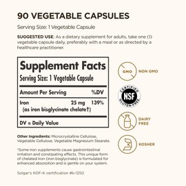 Solgar Gentle Iron 25mg, 90 Vegetable Capsules - Energy, Normal Red Blood Cell Production - Gentle on the Stomach - Non-GMO, Vegan, Gluten Free, Dairy Free, Kosher - 90 Servings