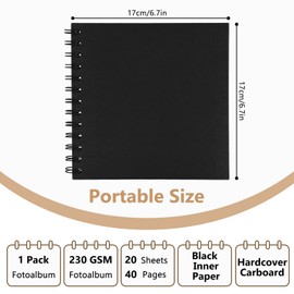 Small Photo Album for DIY 17 x 17 cm Scrapbook 20 Sheets (40 Pages) Photo Albums Ring Binder Photo Books Kraft Paper Spiral Album for Baby Birthday Anniversary Wedding Black