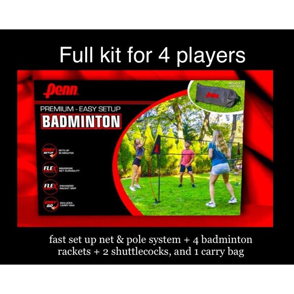 Penn Premium Easy Setup Badminton Set: Net + 4 Rackets