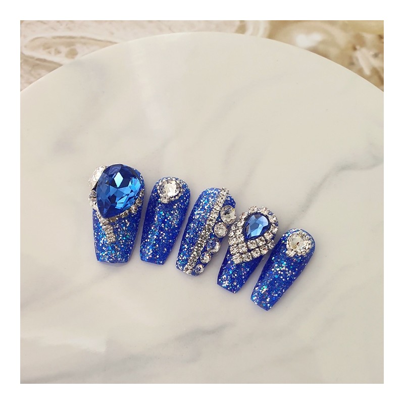 Blue Sapphire Handmade Nail Tips - Long Oval / 블루
